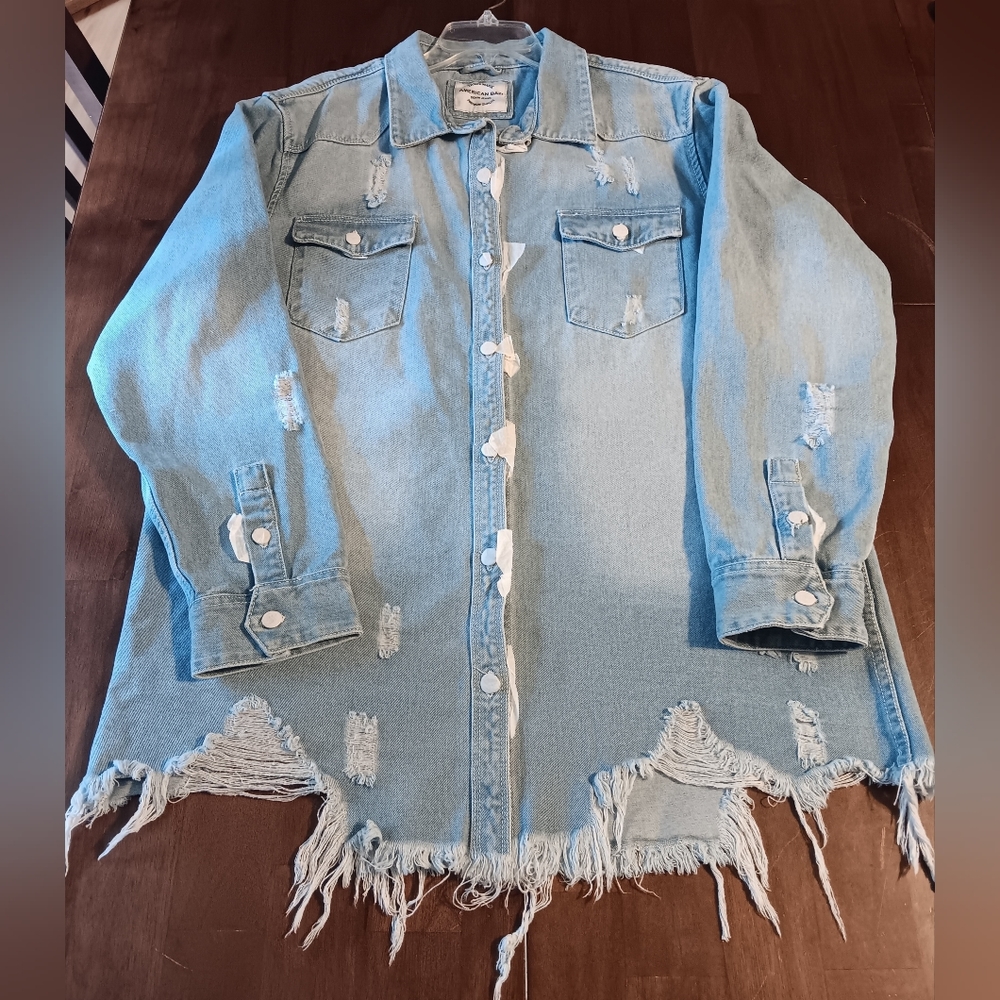 American Bazi Long Destructed Hem Denim Jacket for Women 2X